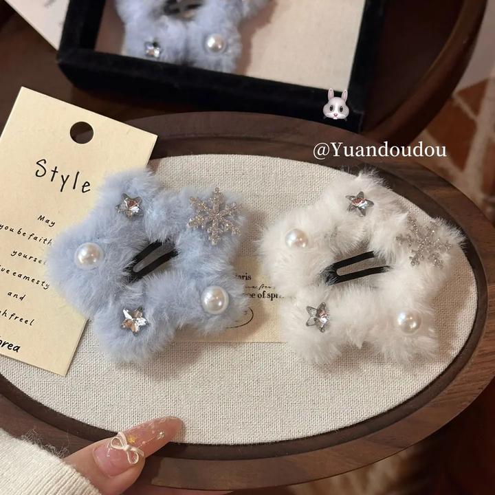 2025新款秋冬毛绒雪花星星发夹女侧边夹甜美可爱韩系发卡刘海夹