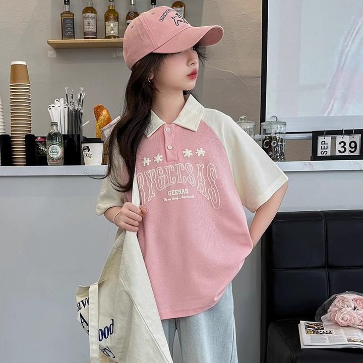 女童短袖T恤polo衫2025夏装新款拼接时髦炸街网红上衣洋气半袖T恤