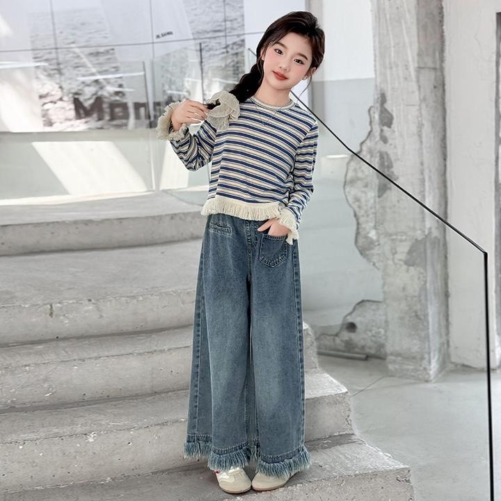 女童秋装套装2025新款流苏条纹上衣牛仔阔腿裤休闲炸街春秋两件套