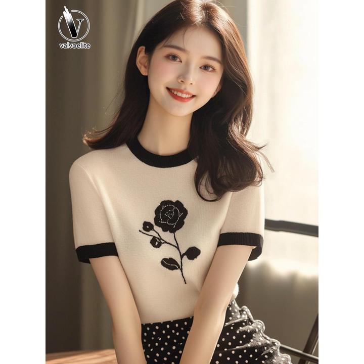 VALVOELITE夏新款独特别致甜辣妹针织上衣设计感小众正肩短袖恤女