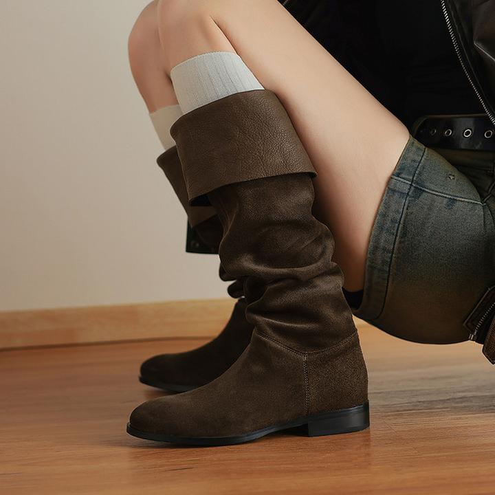 头层牛皮2.5cm～复古低跟显瘦堆堆靴舒适女秋冬韩版粗跟时装靴短筒