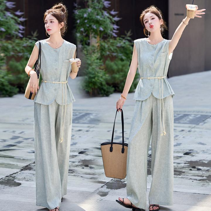 高级感小香风套装女夏新款洋气减龄气质收腰背心直筒阔腿裤两件套