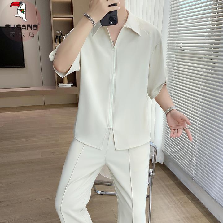啄木鳥夏季垂坠感冰丝休闲套装男短袖潮流高级感衬衫直筒西装裤子