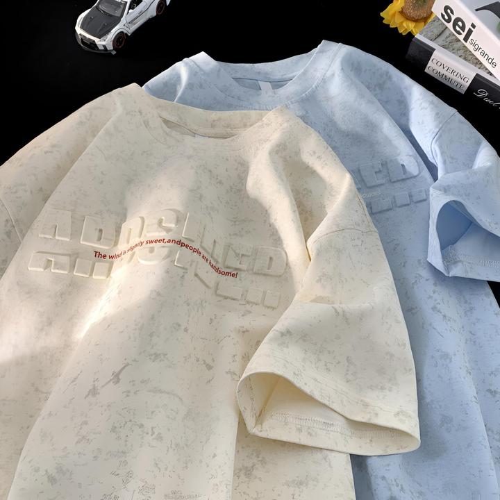 夏季短袖男款宽松钢印五分袖衣服青少年半袖体恤美式风凉感T恤男