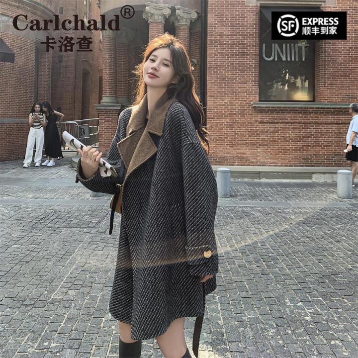 CARLCHALD卡洛查美拉德条纹毛呢外套女秋夏2025新款轻熟风西装领
