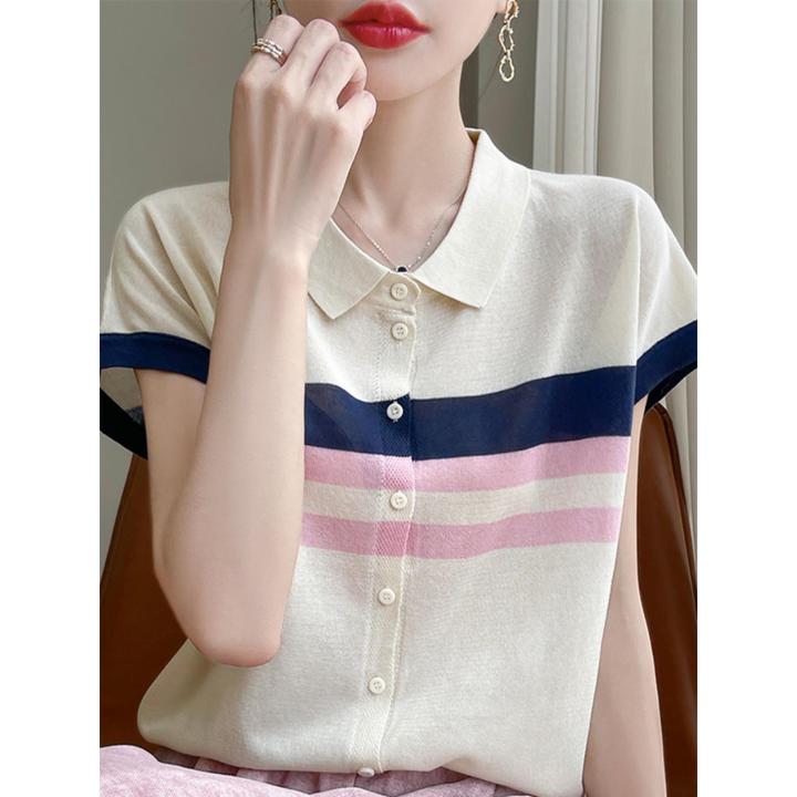 冰丝针织短袖T恤女2025新款爆款时尚小翻领减龄大码女装夏季上衣