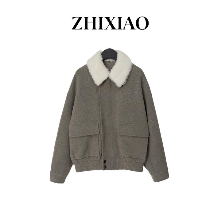 【ZHIXIAO】秋冬新款：毛领羊毛外套5217