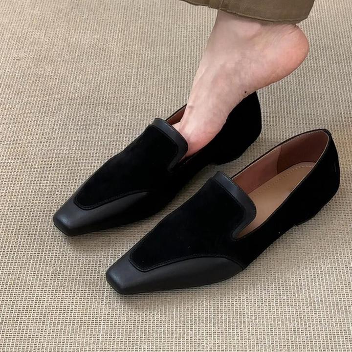 羊皮版~复古老钱风懒人单鞋子女小方头平底一脚蹬真皮拼接乐福鞋