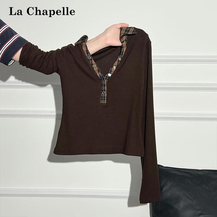 拉夏贝尔老钱风格纹印花纽扣V领长袖T恤女秋季高级感修身气质上衣