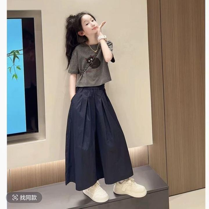 卡通洋气裤撞色中大童两件套女童阔腿裤T恤黑猫甜美短袖韩版套装