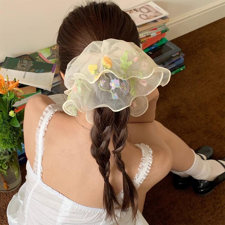 超仙花朵刺绣网纱发圈法式裙摆大肠圈头绳扎马尾皮筋头花发饰新款