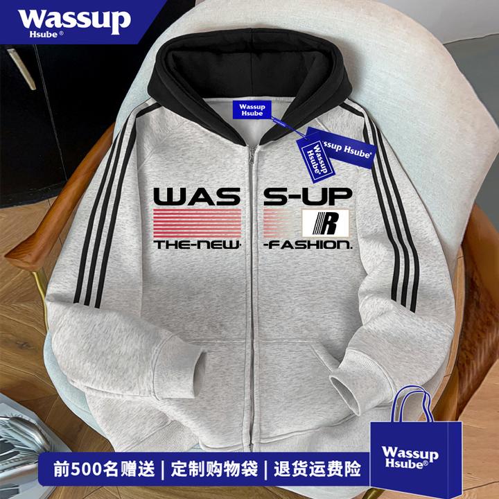 WASSUP HSUBE创意条纹图案印花连帽开衫卫衣男女秋冬百搭拉链外套