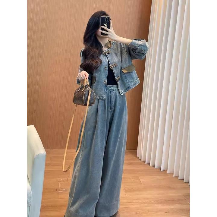 新中式春秋季牛仔套装女2024新款国风时尚复古短外套阔腿裤两件套