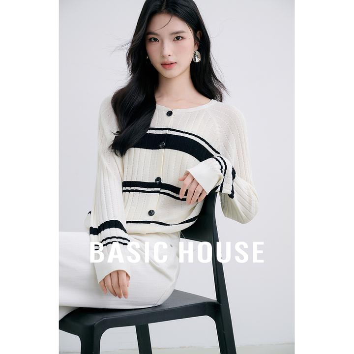 Basic House/百家好撞色黑白条纹前后两穿针织开衫女B0625B5DQR2