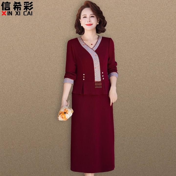 结婚喜婆婆装连衣裙中老年妈妈秋装气质针织裙礼服春秋女平时可穿