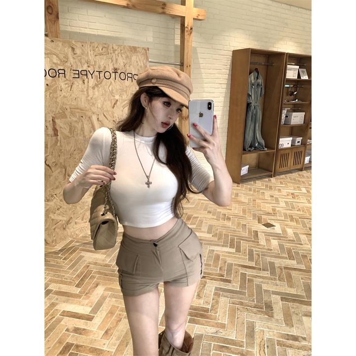 韩版御姐风半高领正肩弹力半袖t恤女时尚简约基础款百搭套头上衣