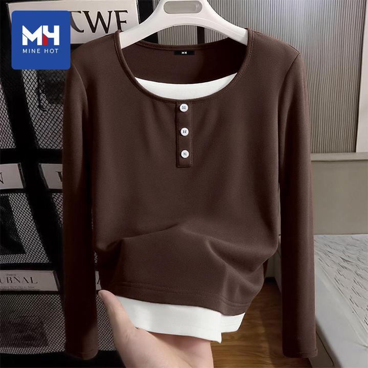 唐狮集团MH韩版长袖针织t恤女2025秋咖色美拉德假两件显瘦上衣H