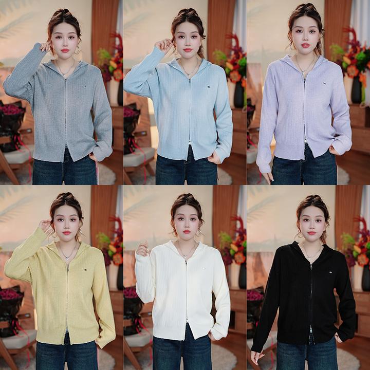 云妃秀大码女装针织衫V领坑条连帽休闲宽松显瘦遮肉胖妹妹秋23093