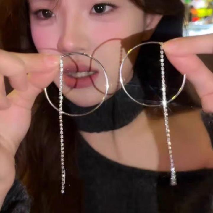 925银耳饰 网红新款简约银色圈圈闪锆链条耳钉耳环女个性优雅甜酷