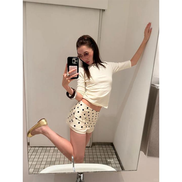 法式气质温柔风设计感褶皱短袖T恤2025夏季新款时尚百搭波点短裙