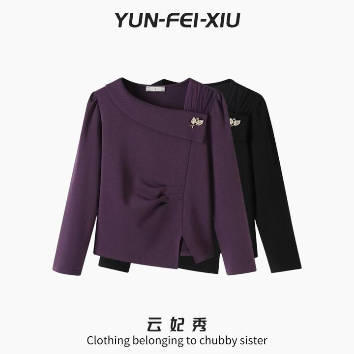 云妃秀大码女装T恤斜领拼接简洁时尚休闲宽松显瘦胖妹妹秋季68688