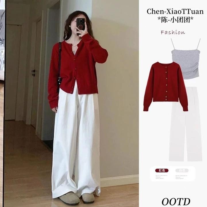 韩系时尚穿搭一整套2024年秋季新款红色针织开衫吊带阔腿裤三件套