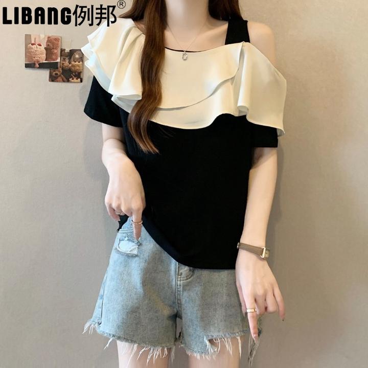 短袖t恤女遮肚子双层荷叶边大码女装夏季胖妹妹显瘦吊带上衣露肩
