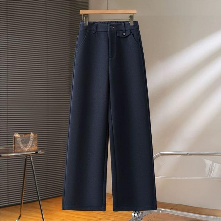 高端藏青色毛呢阔腿裤2025秋冬新款高级感时尚加厚休闲九分直筒裤