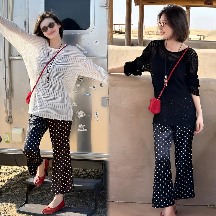 2025夏季设计感微透镂空防晒罩衫宽松上衣显瘦波点微喇裤休闲套装