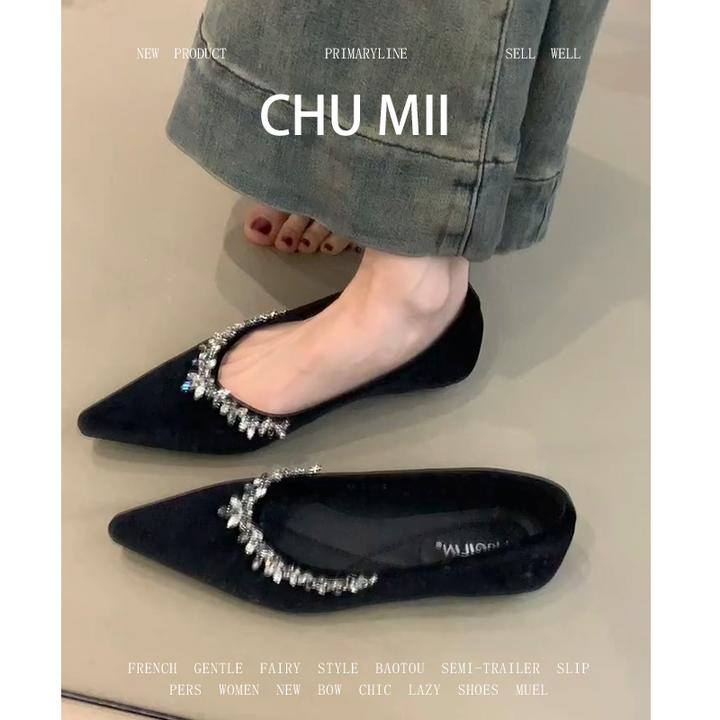 羊皮版~复古黑色平底单鞋女不磨脚尖头水钻瓢鞋百搭通勤玛丽珍鞋