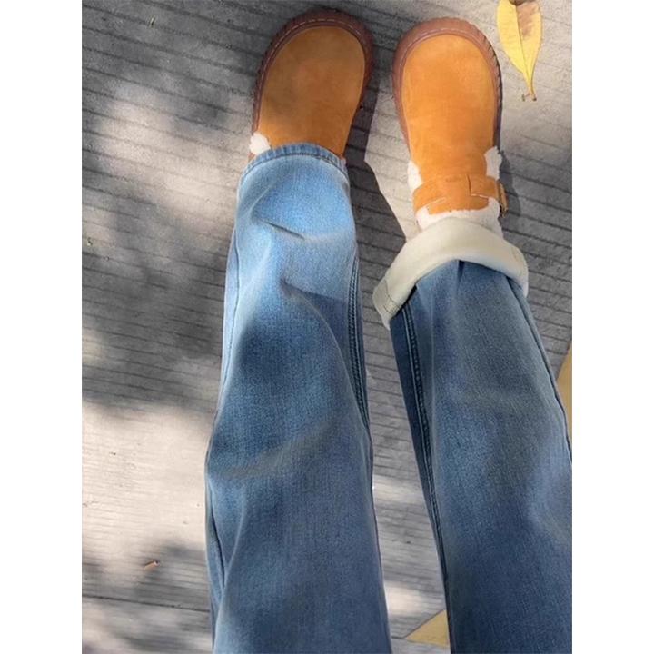 复古蓝窄版牛仔裤女2025冬季新款通勤百搭加绒加厚宽松高腰直筒裤