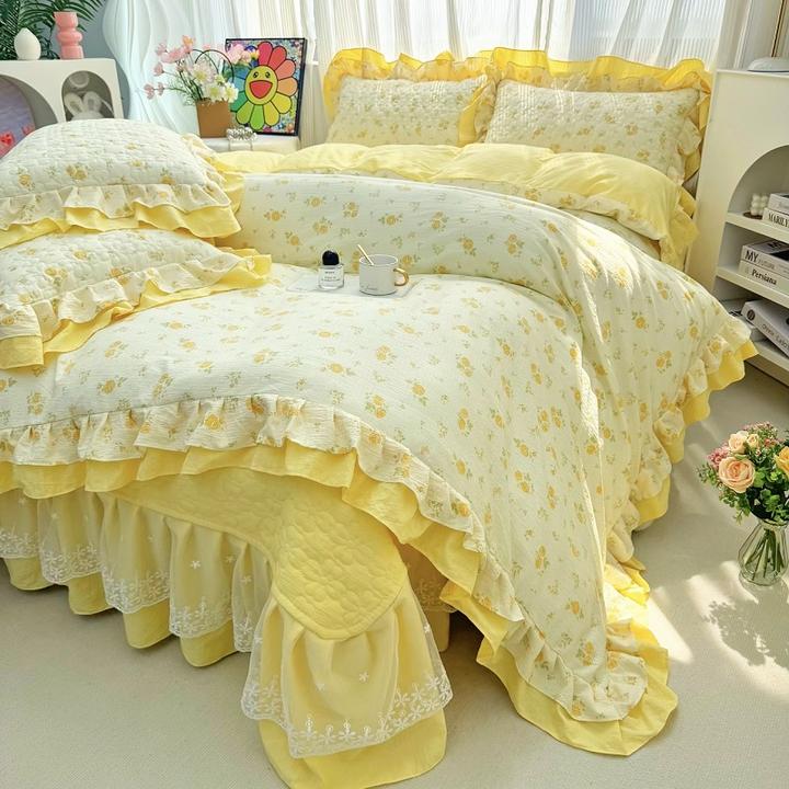 ins风小碎花床盖四件套软糯云感纱双花边被套学生宿舍三件套
