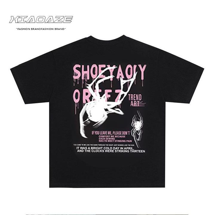 荧光绿美式重磅美式潮牌蜘蛛印花高街潮情侣圆领短袖T恤男女半袖