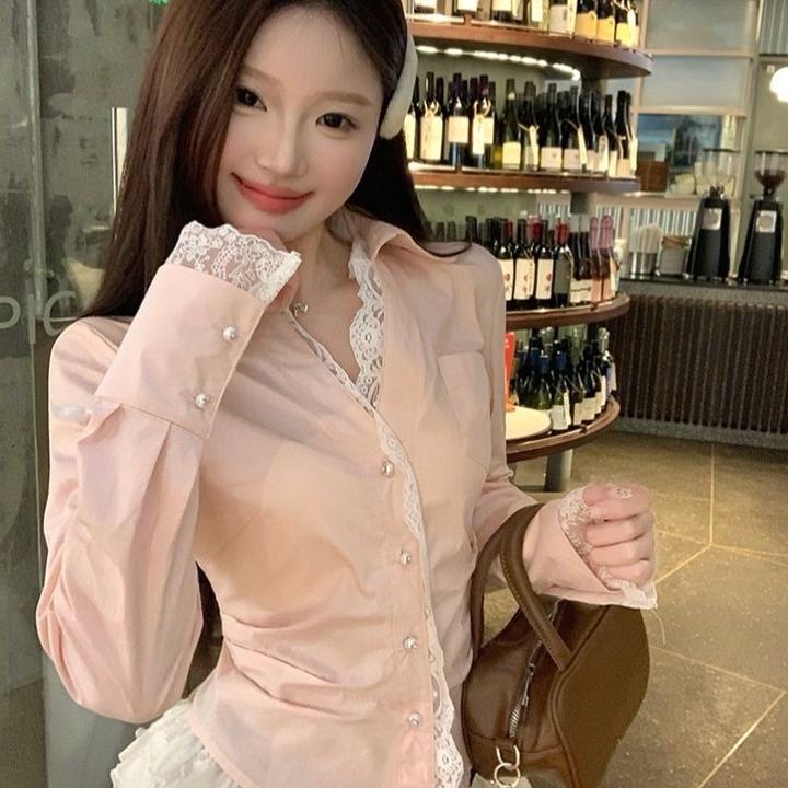甜美减龄粉色掐腰显瘦蕾丝拼接防晒长袖衬衫上衣洋气时尚