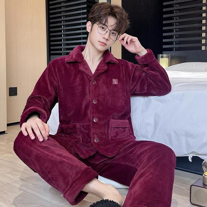 AEROMRGEN珊瑚绒男士斜纹颗粒法兰绒睡衣秋冬新款加厚加绒家居服