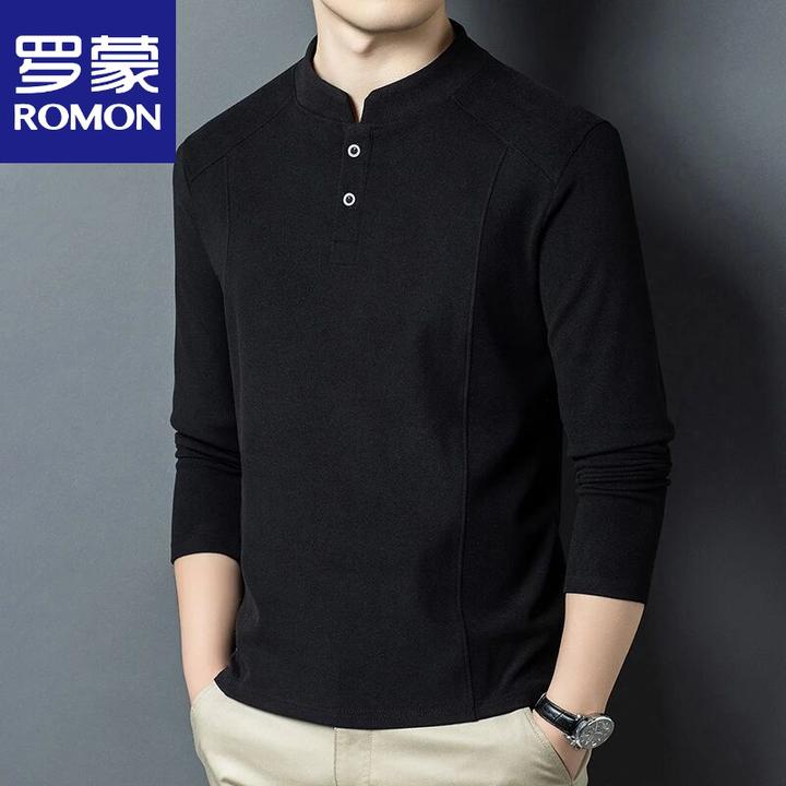 罗蒙秋冬季双面德绒打底衫男士亨利领潮流百搭长袖T恤立领卫衣男