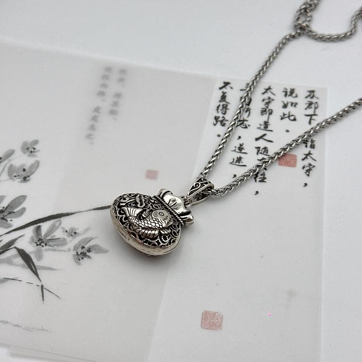 9999银复古风吉祥福袋吊坠女鲤鱼镂空做旧个性挂坠时尚饰品