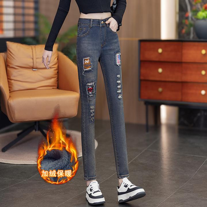 破洞美式高腰牛仔裤女2025年大码春秋冬季新款复古小个子九分裤女