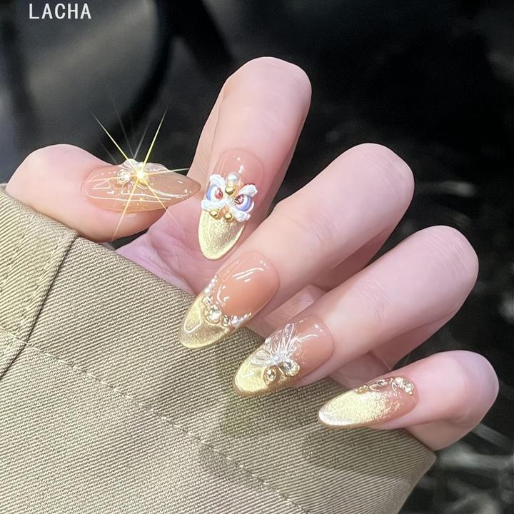 LACAH【凌洛原创】手工穿戴甲烫金醒狮猫眼美甲轻奢碎钻假指