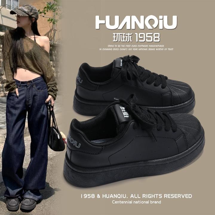 环球女鞋休闲百搭贝壳头小黑鞋2025秋季新款校园ins风通勤全黑鞋