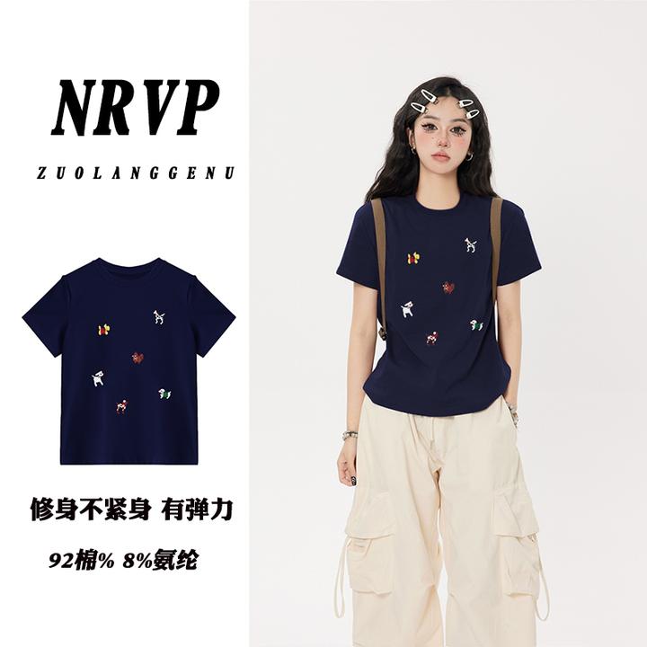 正肩短袖t恤女上衣女胖mm显瘦遮肉大码女装修身美式上衣弹力棉ins