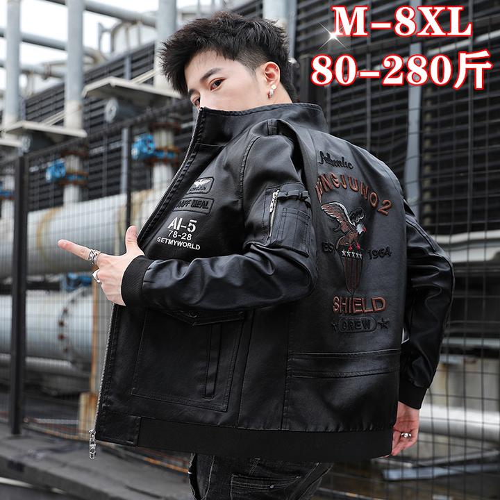 PinkAvril飞行夹克男士春秋皮衣外套潮牌加肥加大码刺绣时尚帅气