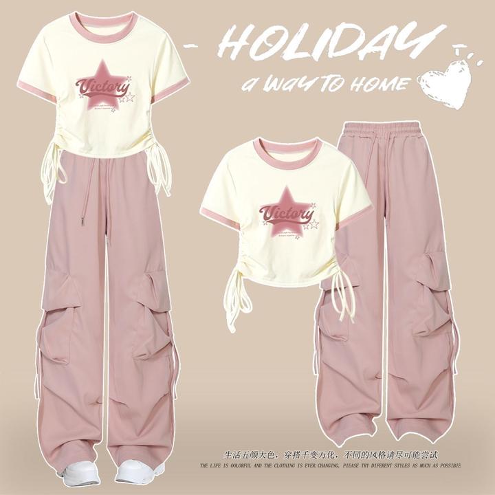 中大童学生套装2025新款夏装时尚设计感T恤少女高腰工装裤两件套