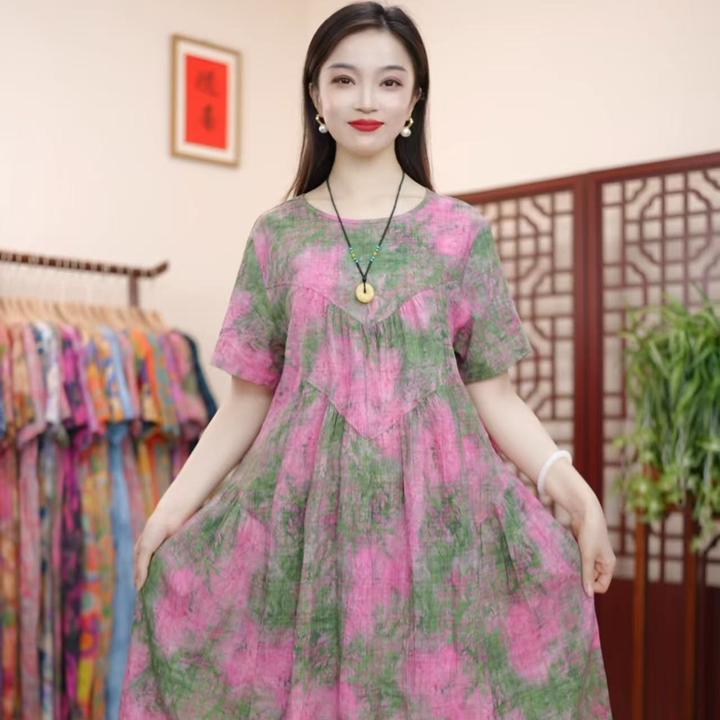 [粉黛]夏季新款高级气质棉麻柔软遮肚宽松显瘦连衣裙子妈妈装