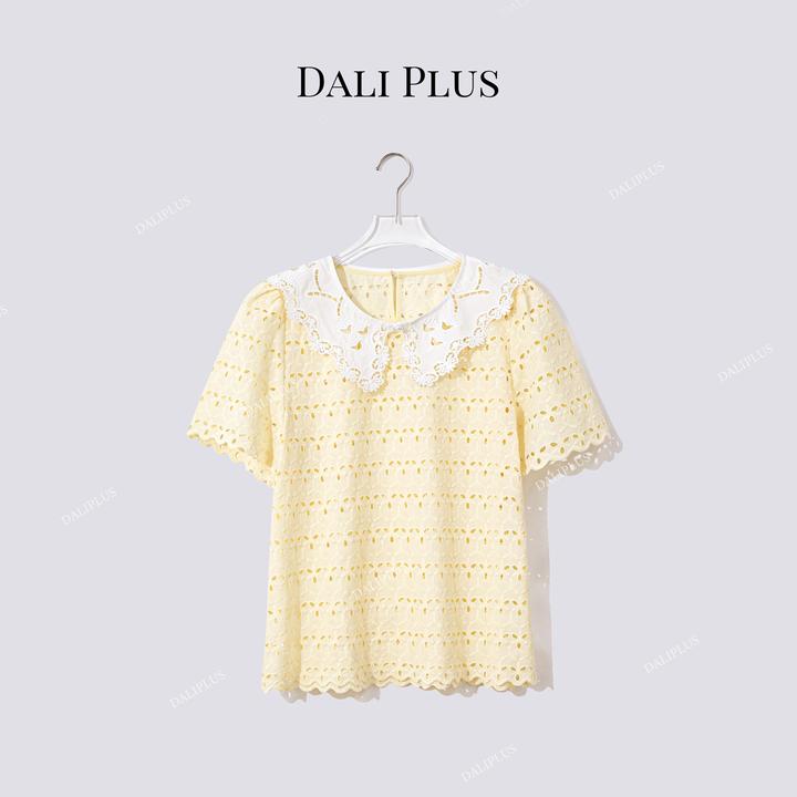 DALI PLUS“可拆卸蕾丝翻领T恤”重磅棉镂空刺绣短袖衬衫D5MM2276