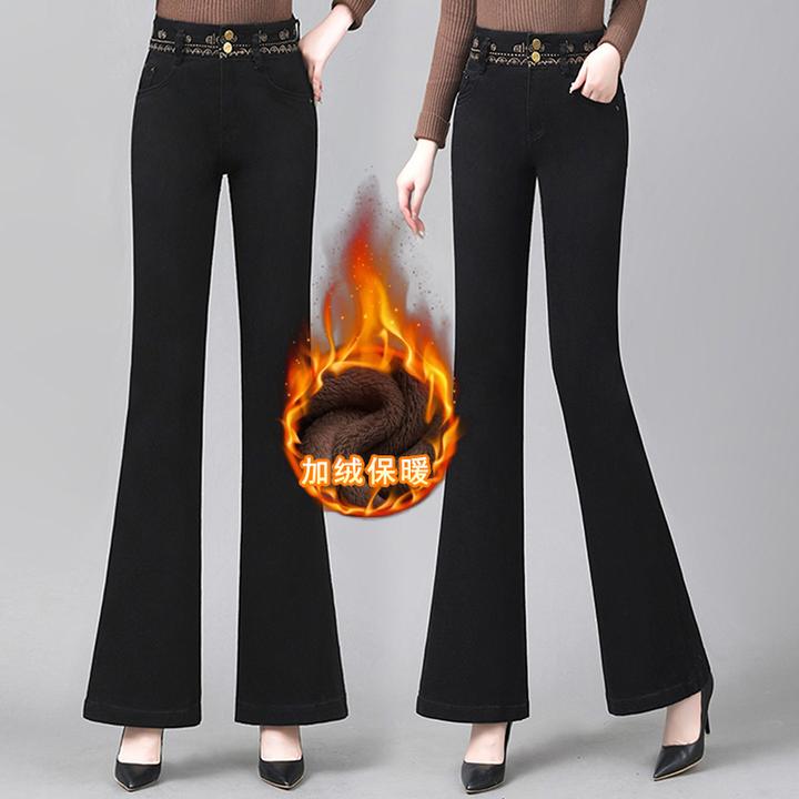 黑色秋冬加绒加厚保暖大码刺绣花朵显瘦弹力高腰微喇叭牛仔长裤女