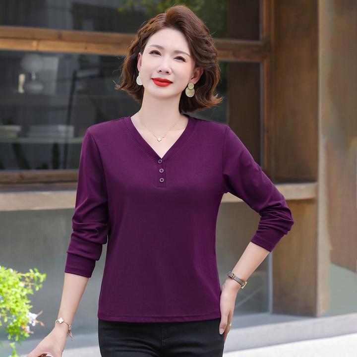 【高定兰花紫】精梳棉v领长袖t恤女春季2026新款洋气打底衫高档上衣