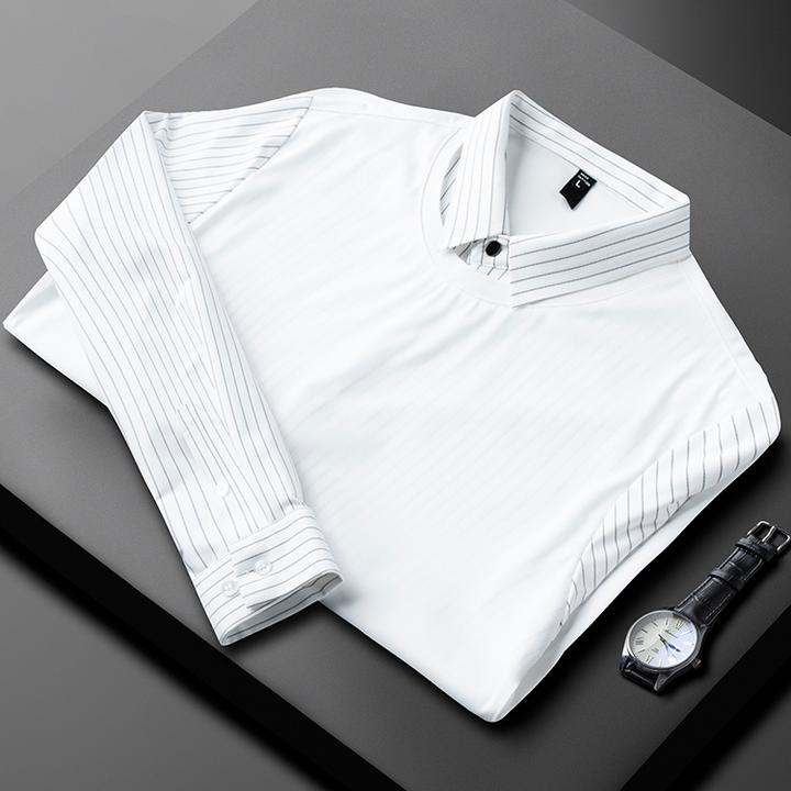 2025新款秋冬男士潮流时尚V领条纹假两件衬衫长袖修身男套头衬衣