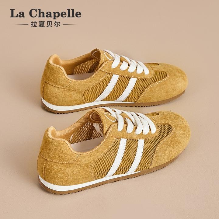 拉夏贝尔黄色德训鞋女2025新款夏季薄款百搭网面休闲透气平底板鞋