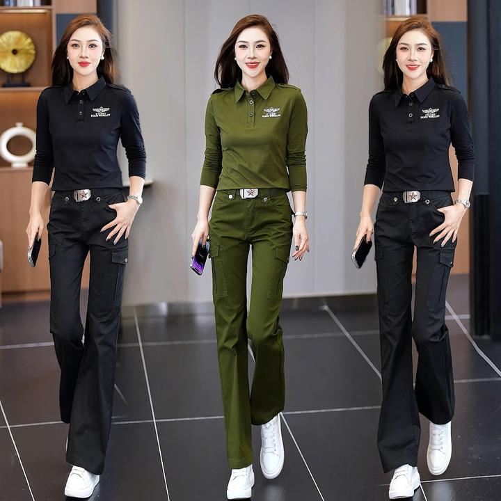 迷彩服女套装春夏新款翻领长袖显瘦显高喇叭长裤气质工装潮两件套